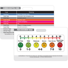 Load image into Gallery viewer, Pain Assessment Tool Reference and Common Hospital Code Meanings Horizontal Badge Card - Excellent Resource for Nurses, Nursing Clinicals, and RN Students - Great Nursing School Supplies
